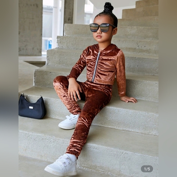 SHEIN Other - NWOT Girls Fall Brown Velour & Ruching Matching Jacket & Leggings Set Size 5